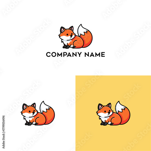 Cute cartoon fox illustration logo for a brand, featuring a playful foxy character with a bushy tail, perfect for a company name or app icon