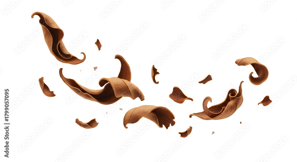 Obraz premium Abstract chocolate curls swirling and scattered against a clean white background