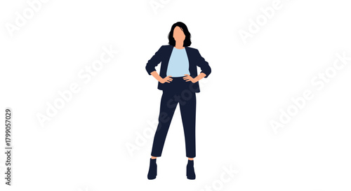 A woman in a suit is standing with her hands on her hips confidently.