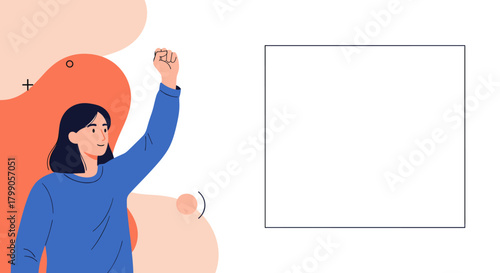 A woman raises her fist in a powerful gesture of solidarity and empowerment against a backdrop of abstract shapes and colors.