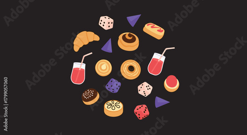 A delightful assortment of sweet treats and refreshing beverages arranged in a circular pattern on a dark background.