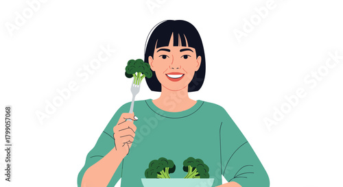 A woman enjoys a healthy meal of broccoli and vegetables.