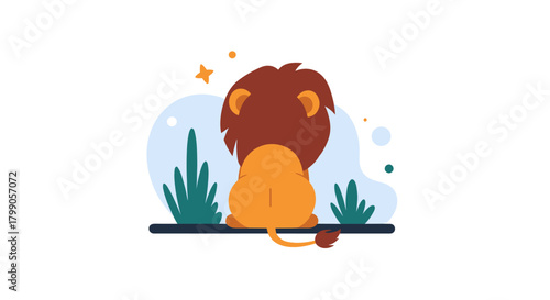 A cute cartoon lion sitting facing away from the viewer in a stylized jungle environment.
