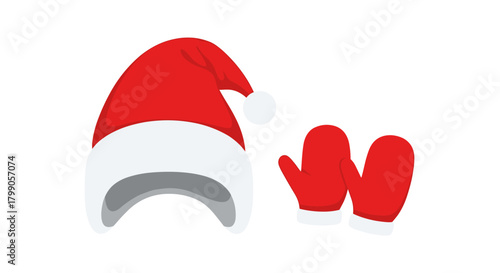 Red Santa hat and pair of red mittens on a white background.