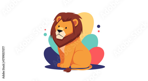 A cute cartoon lion sits majestically against a backdrop of colorful abstract shapes