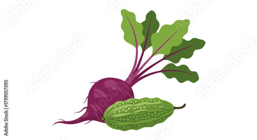 Healthy root vegetable and bitter gourd with green leaves ready for cooking.