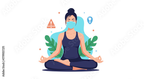 A person practicing meditation while wearing a protective mask surrounded by plants and icons representing safety and warning signals.