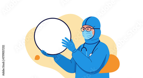A medical professional in a blue protective suit holds a white circular object.