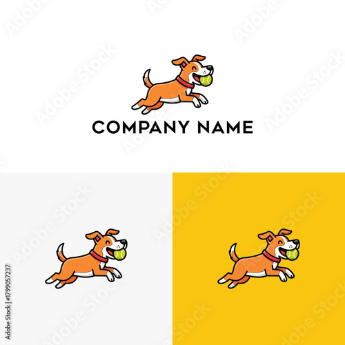 Vibrant cartoon dog logo design featuring a happy animal actively playing with a ball, perfect for pet-related businesses and animal care branding