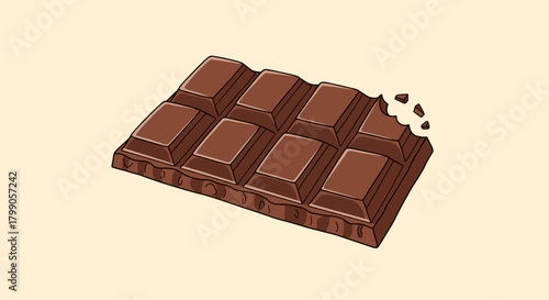 A delicious bar of dark chocolate with a bite taken out of it.