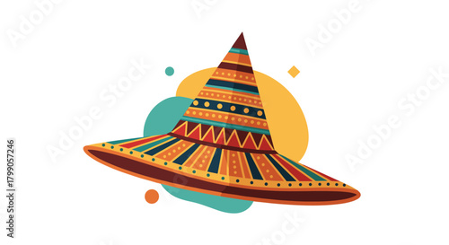 Colorful sombrero hat with decorative patterns and abstract shapes in vibrant colors.
