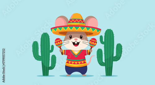 A cheerful mouse in a sombrero and traditional Mexican clothing is happily playing maracas between two cacti on a clear blue background.
