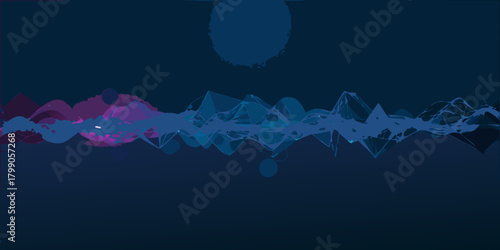 Abstract digital sound wave visualization with geometric shapes and gradients on a dark blue background