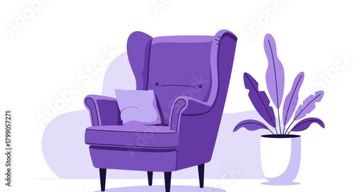A comfortable armchair with a pillow next to a potted plant.