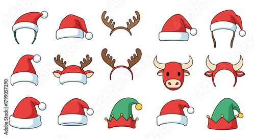 Collection of Christmas hats and reindeer antlers for festive celebrations.