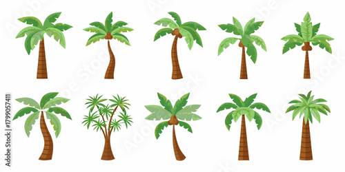 Collection of ten diverse cartoon style palm trees with green leaves and brown trunks on a white background