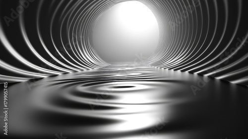 Fototapeta Naklejka Na Ścianę i Meble -  Abstract ribbed tunnel with light approaching rippled surface