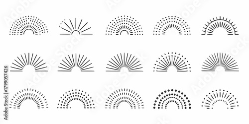 Collection of minimalist sunburst and semicircle abstract graphic design elements in black and white