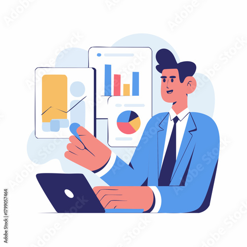 Professional man analyzing business data and financial reports on a laptop with interactive charts.