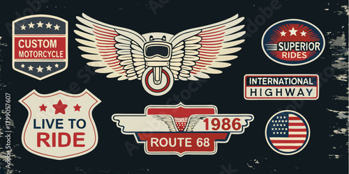 Collection of vintage motorcycle emblems and badges featuring wings and american flag motifs