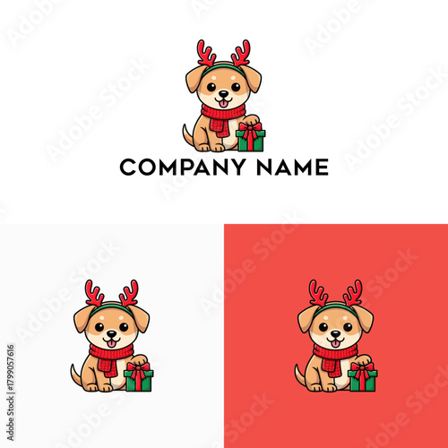 A charming cartoon dog logo concept for the Christmas holiday, featuring a cute puppy wearing a reindeer antler headband and a scarf with a festive present