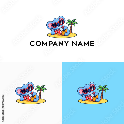Cute cartoon koala character relaxing on a tropical beach with sunglasses and palm trees, perfect for summer branding