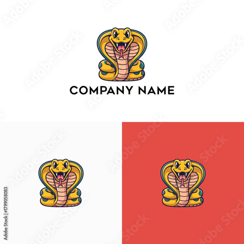 A fierce yet friendly cartoon cobra mascot logo with a flared hood. This yellow and blue reptile character design is perfect for a brand identity or team emblem
