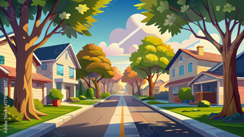 Very beautiful empty tree-lined suburban street illuminated by soft morning light, featuring calm sidewalks, gentle shadows, and a peaceful residential atmosphere perfect for serene neighborhood scene
