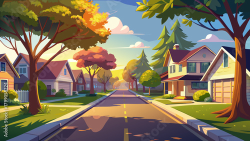 Very beautiful empty tree-lined suburban street illuminated by soft morning light, featuring calm sidewalks, gentle shadows, and a peaceful residential atmosphere perfect for serene neighborhood scene