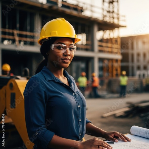 Female construction engineer in hardhat reviews building plans at construction site.