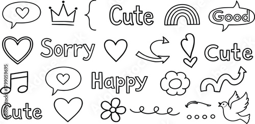 Collection of cute hand drawn doodle elements for design and decoration