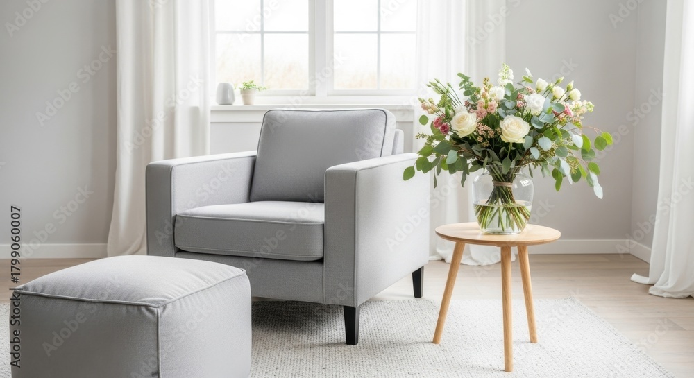 Naklejka premium Elegant living room featuring a comfortable armchair, ottoman and flower arrangement that create a