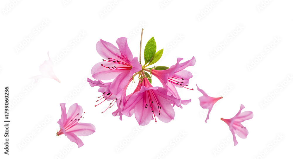 Obraz premium Elegant spring bloom of a pink azalea with gracefully scattered petals suggesting gentle movement, isolated on a pure white background