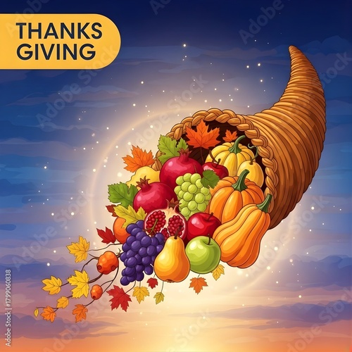 Fantasy Vector of Radiant Cornucopia Overflowing with Fruits and Leaves Thanksgiving