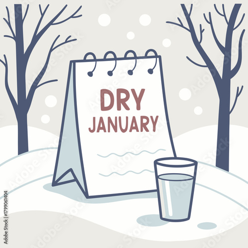 Dry January calendar in winter with glass of water