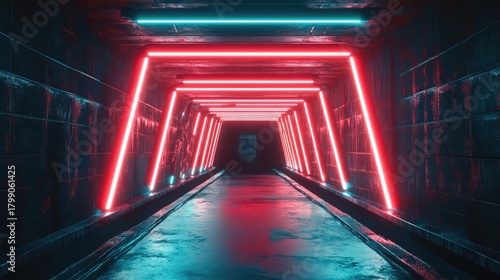 Fototapeta Naklejka Na Ścianę i Meble -  Futuristic dark tunnel leading forward with neon lights