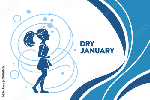 Dry January poster design concept with woman silhouette and waves 