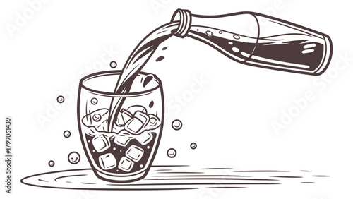 Refreshing cola pouring into a glass with ice cubes