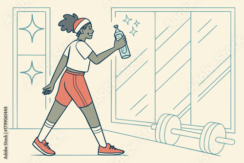 Woman walking with water bottle after exercise in gym