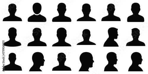 Collection of diverse user profile avatar silhouettes. Generic male head and shoulder portraits in various front and side views for web and app design.