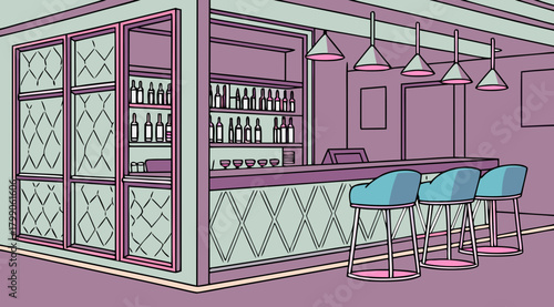 Interior illustration of a modern bar with stools and bottles