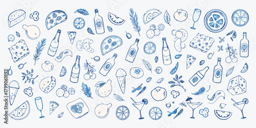 Hand drawn doodles of food and drinks including pizza cheese lemons cocktails ice cream and bottles on a white background