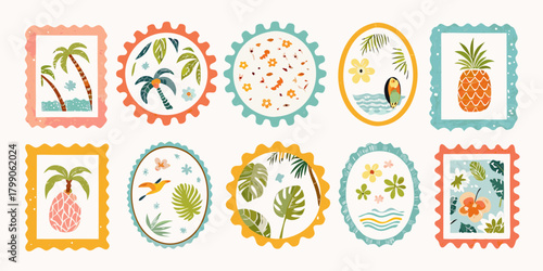 Collection of charming and colorful tropical themed illustrations in decorative postage stamp frames