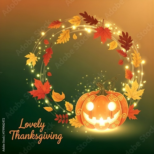 Fantasy Vector of Playful Floating Autumn Leaves and Twinkling Lights Lovely Thanksgiving