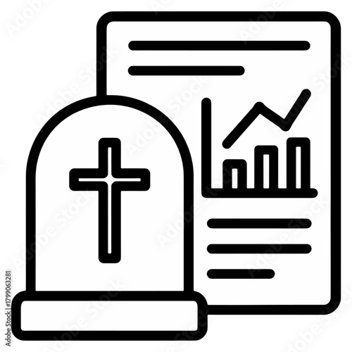Death Rate Statistics Mortality Report Icon showing a tombstone beside a statistical report, symbolizing mortality rates, demographic data, and population analysis