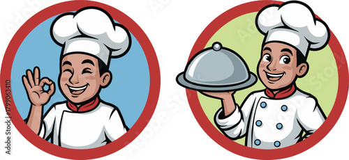 Happy chef mascot cartoon characters showing OK gesture and serving dish, restaurant cook logo illustration, culinary professional vector icons