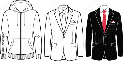 Hoodie and men's suit jacket fashion templates, vector clothing mockup set with formal blazer, tie, pocket square, and casual sweatshirt