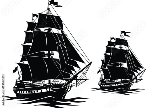Two silhouette tall ships sailing on the ocean at night