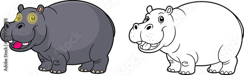 Cute cartoon hippo illustration with colored and outline versions, funny happy hippopotamus character for kids, coloring pages, animal learning art