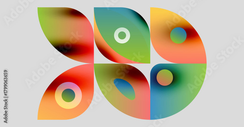 Abstract shapes blend vibrant colors. Circular elements overlap creating dynamic composition. Soft gradients define forms, evoking fluidity.